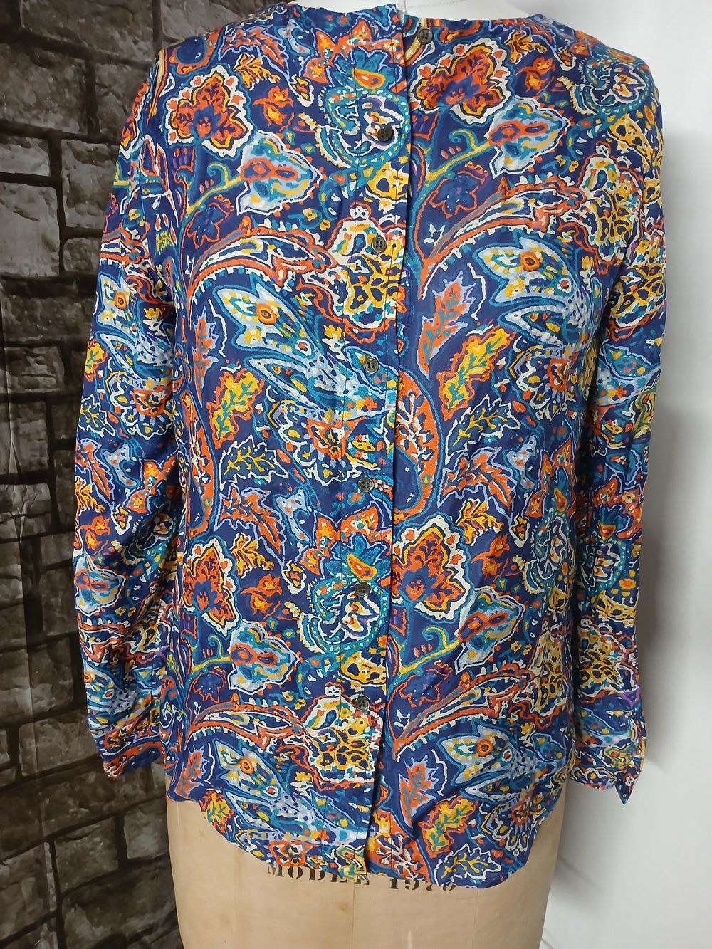 J. McLaughlin Blue Paisley Button-Front Blouse with Orange and Yellow Accents